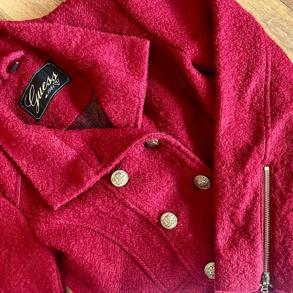 Guess Women's Red Double-Breasted Wool Blend Pea Coat Jacket Size Small - Picture 1 of 9